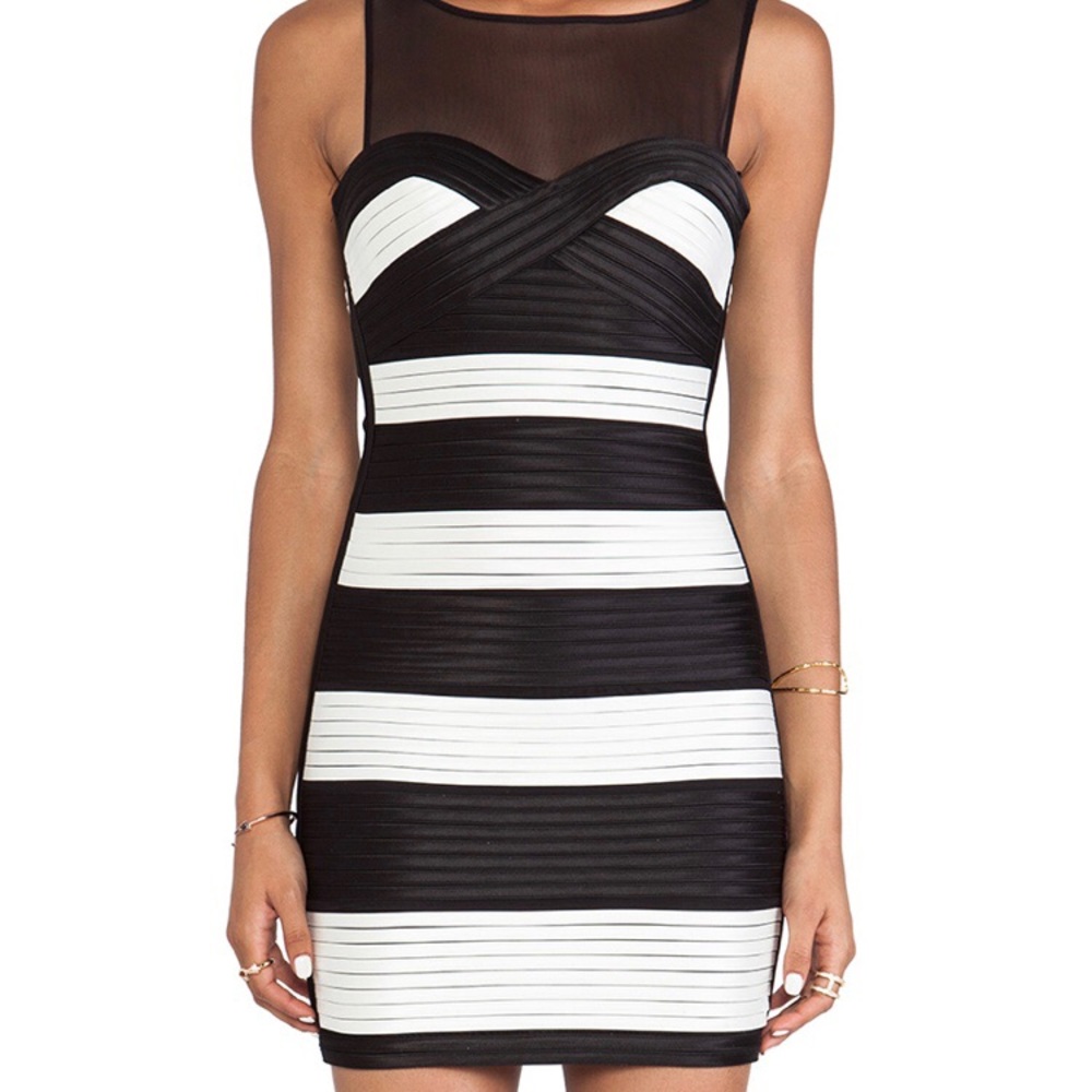 BCBG Maxaria Illusion Neck Striped Cocktail Dress